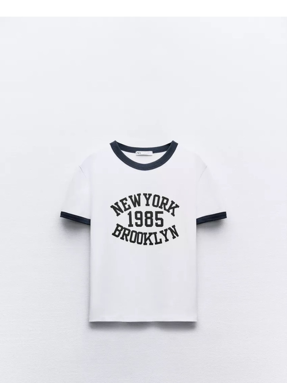 Zara White Ringer Tee with Navy Trim and 'New York 1985 Brooklyn' Print